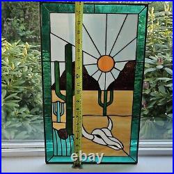 Vintage Stained Glass Window Panel 20×12 1970's Hand Crafted Arizona Landscape