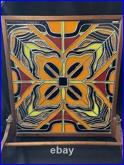 Vintage Stained Glass Window Panel 24 X 24 Wood Self Standing Base Beautiful