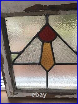 Vintage Stained Glass Window Panel Antique Original Wooden Framed 17.5 x 15.5