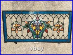 Vintage Stained Glass Window Panel Floral Art Nouveau Style Blue Border Hanging