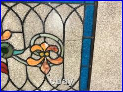 Vintage Stained Glass Window Panel Floral Art Nouveau Style Blue Border Hanging