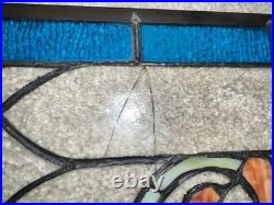 Vintage Stained Glass Window Panel Floral Art Nouveau Style Blue Border Hanging