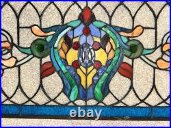 Vintage Stained Glass Window Panel Floral Art Nouveau Style Blue Border Hanging