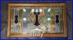 Vintage Stained Glass Window Panel Wood Frame Art Nouveau Style Leaded Glass