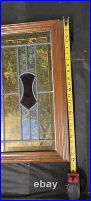Vintage Stained Glass Window Panel Wood Frame Art Nouveau Style Leaded Glass