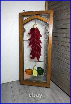 Vintage Stained Leaded Glass Panel Wood Frame Window Arts & Crafts Victorian Red