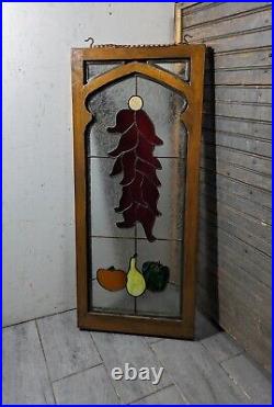 Vintage Stained Leaded Glass Panel Wood Frame Window Arts & Crafts Victorian Red