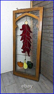 Vintage Stained Leaded Glass Panel Wood Frame Window Arts & Crafts Victorian Red