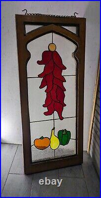 Vintage Stained Leaded Glass Panel Wood Frame Window Arts & Crafts Victorian Red