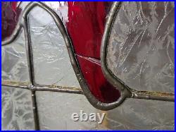 Vintage Stained Leaded Glass Panel Wood Frame Window Arts & Crafts Victorian Red