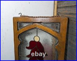 Vintage Stained Leaded Glass Panel Wood Frame Window Arts & Crafts Victorian Red