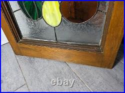 Vintage Stained Leaded Glass Panel Wood Frame Window Arts & Crafts Victorian Red