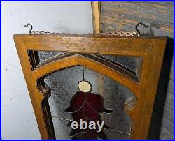 Vintage Stained Leaded Glass Panel Wood Frame Window Arts & Crafts Victorian Red