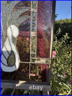 Vintage Swan Stained Glass Window Panel 13 Wide x 15 High Signed