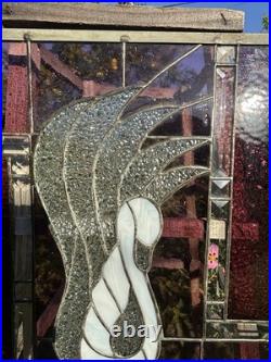 Vintage Swan Stained Glass Window Panel 13 Wide x 15 High Signed