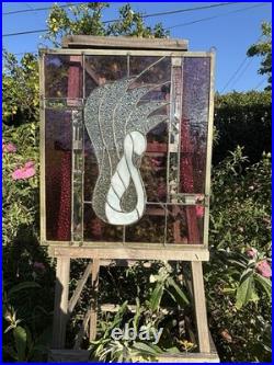 Vintage Swan Stained Glass Window Panel 13 Wide x 15 High Signed