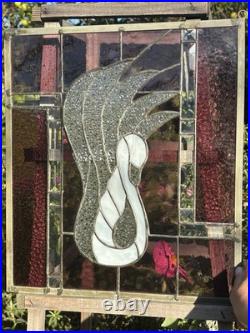 Vintage Swan Stained Glass Window Panel 13 Wide x 15 High Signed