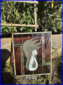 Vintage Swan Stained Glass Window Panel 13 Wide x 15 High Signed