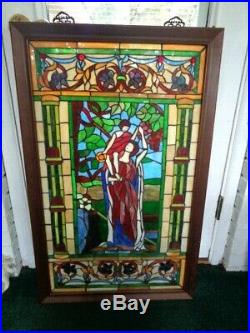 Vintage Wood Framed Leaded Stained Glass Window Hanging 37 x 23 #1 (65)