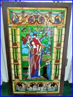 Vintage Wood Framed Leaded Stained Glass Window Hanging 37 x 23 #1 (65)