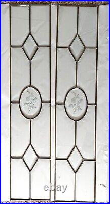 Vintage brass leaded beveled etched floral glass window panels pair 36.5x8