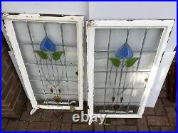 Vintage old Antique Art Nouveau Stained glass Crittal Windows 36.5x20 pair (2)