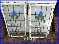 Vintage old Antique Art Nouveau Stained glass Crittal Windows 36.5x20 pair (2)