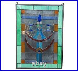 Vtg Arts & Crafts Clear Green Blue Leaded Stained Glass Hanging Window Panel 26