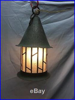 Vtg Arts Crafts Copper Porch Ceiling Light Fixture Leaded Glass Old 486-18E