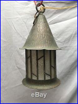 Vtg Arts Crafts Copper Porch Ceiling Light Fixture Leaded Glass Old 486-18E