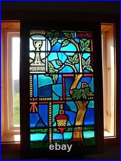 Vtg Stained Glass Church Window Religious Symbols Chalice Tree Nice Frame