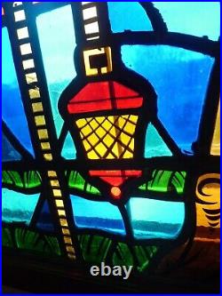 Vtg Stained Glass Church Window Religious Symbols Chalice Tree Nice Frame