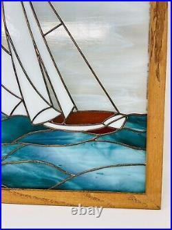 Vtg Stained Leaded Glass Window Hanging Panel Sun Catcher Sailboat Framed Kb23