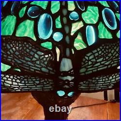 Vtg Tiffany Reproduction Lamp Leaded Glass Dragonfly Shade Turtleback Base 28H