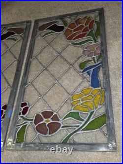 Vtg hTF Pair Stained Glass Window Panels Art Nouveau Lead Glass FlowersColorful