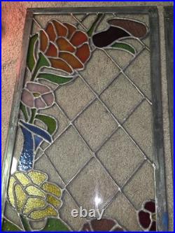 Vtg hTF Pair Stained Glass Window Panels Art Nouveau Lead Glass FlowersColorful
