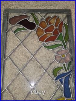 Vtg hTF Pair Stained Glass Window Panels Art Nouveau Lead Glass FlowersColorful