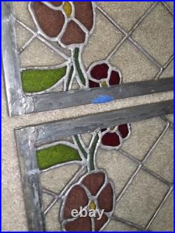 Vtg hTF Pair Stained Glass Window Panels Art Nouveau Lead Glass FlowersColorful