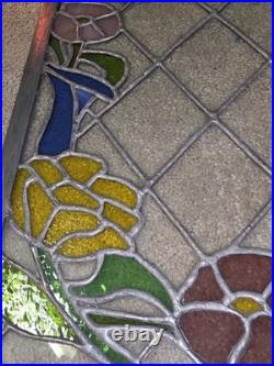 Vtg hTF Pair Stained Glass Window Panels Art Nouveau Lead Glass FlowersColorful