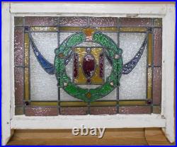 Wreath Victorian English Leaded Stained Glass Sash Window 28.5 X 23.25